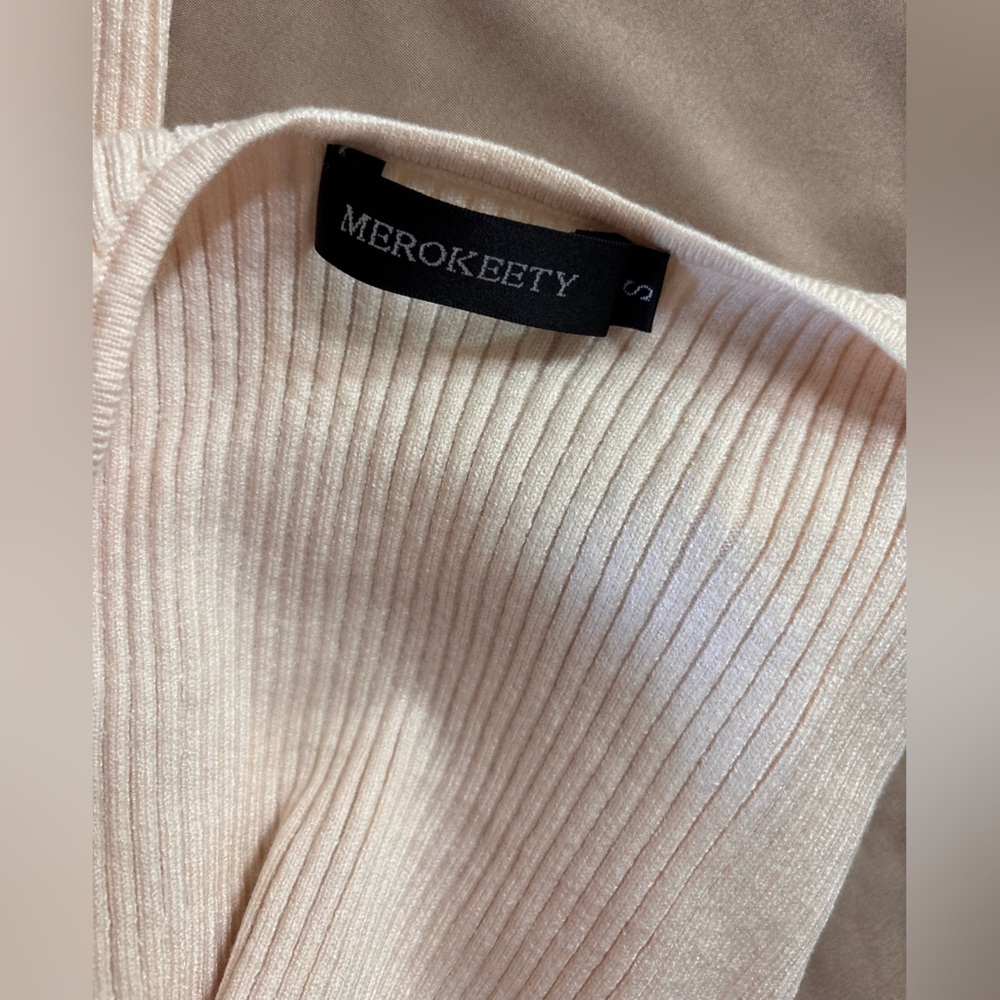 MEROKEETY Womens Long Sleeve Ribbed Knit Square Neck Bodysuit Beige Small - Picture 4 of 4